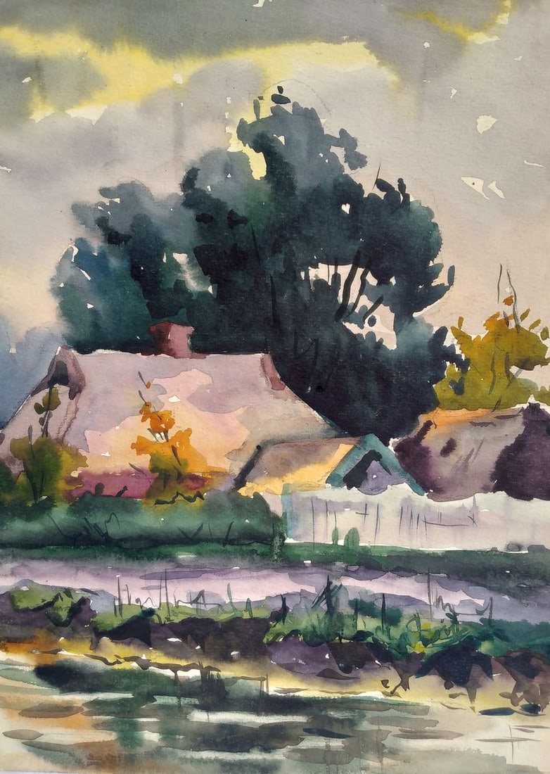 Watercolor painting Houses by the river Unknown artist: No1257AAA*** ABOUT THIS PAINTING **** TITLE: "Houses by the river"* ARTISTS: Unknown artist* SIZE: 24.4x33 cm/'9.60x12.99 inches'* MEDIUM: watercolor, paper* HAND PAINTED: Original painting from our c