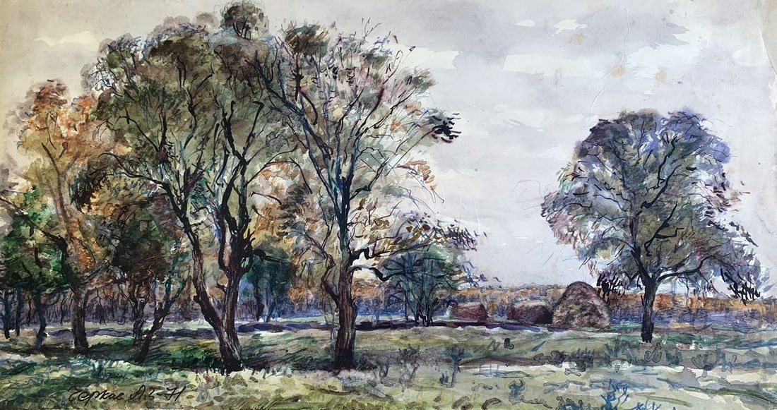 Watercolor painting Autumn in the forest A. G. Cherkas: No1278*** ABOUT THIS PAINTING **** TITLE: "Autumn in the forest"* ARTISTS: A. G. Cherkas* SIZE: 32x58 cm/'12.59x22.83 inches'* MEDIUM: watercolor, paper* HAND PAINTED: Original painting from our