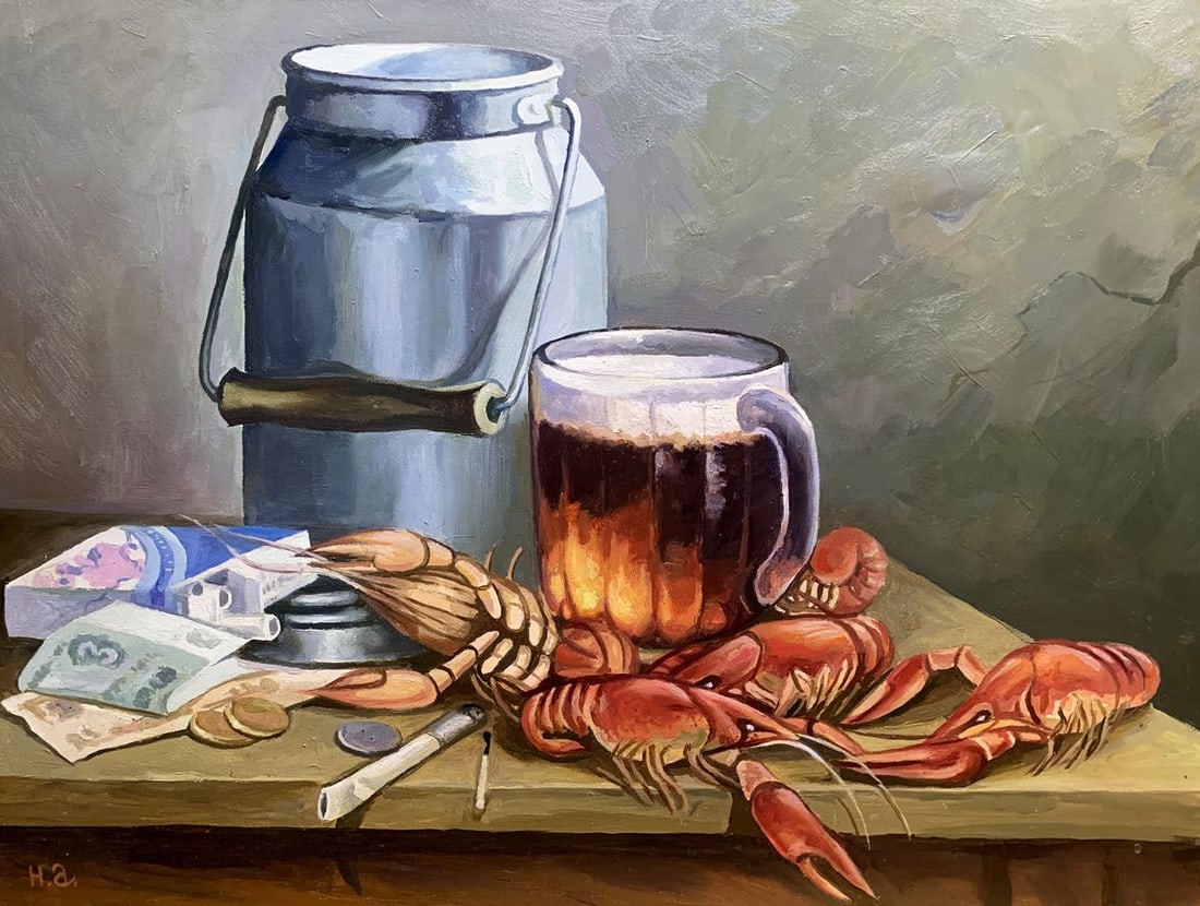 Oil painting Beer and crayfish Unknown artist: No1743*** ABOUT THIS PAINTING **** TITLE: "Beer and crayfish"* ARTISTS: Unknown artist* SIZE: 45x60 cm/'17.71x23.62 inches' * MEDIUM: oil, cardboard* HAND PAINTED: Original painting from our