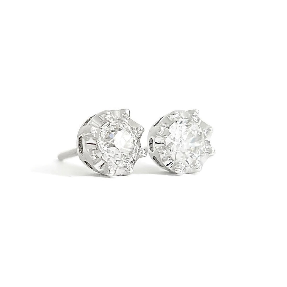 Round European Cut Diamond Stud Earrings 14K White Gold 8-Prong Crown, .75 CTW (1 of 5)