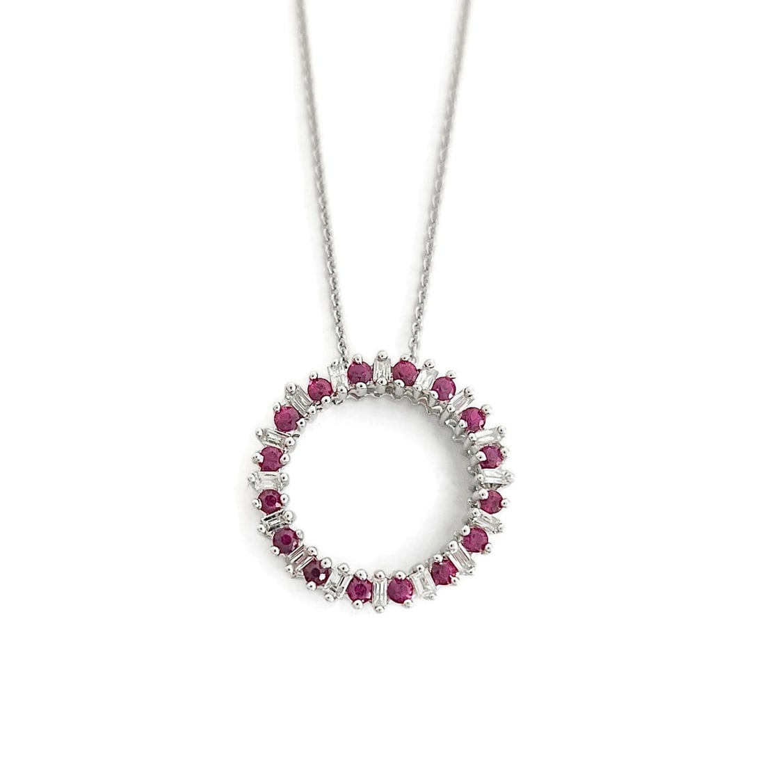 Ruby Diamond Round Circle of Life Pendant Necklace 14K White Gold, .64 CTW: Ruby Diamond Round Circle of Life Pendant Necklace 14K White Gold, .64 CTW This is a beautiful necklace with a pendant that slides on the chain. Please let us know if you have any questions :) Diamond