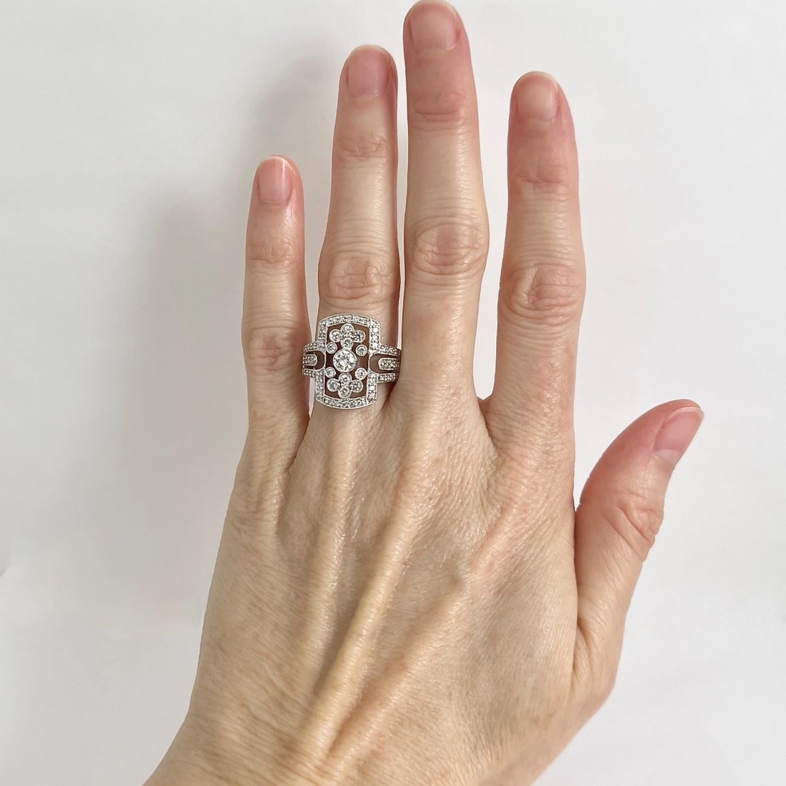 Long Pave Diamond Ornate Milgrain Statement Ring 14K White Gold .71 CTW - 2