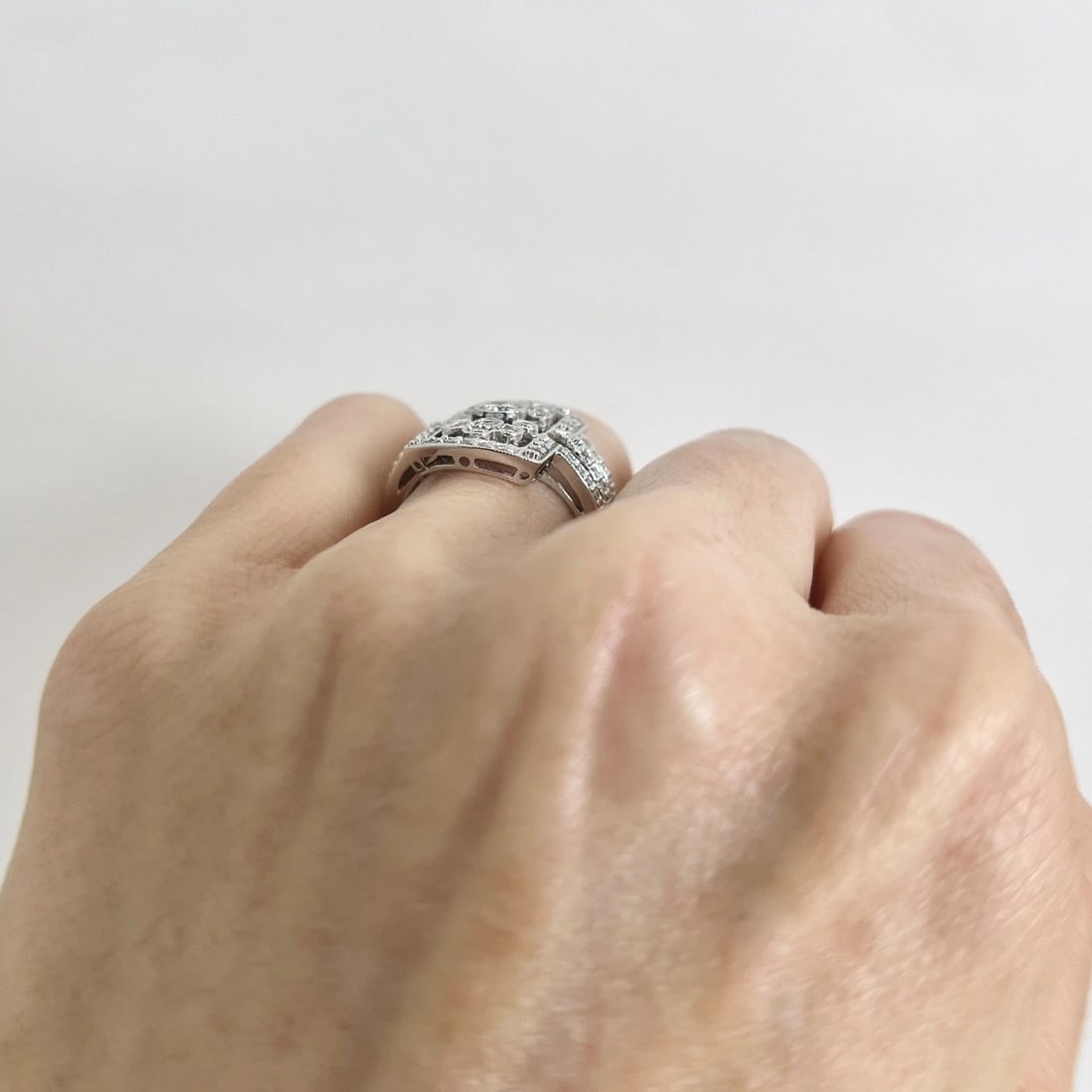 Long Pave Diamond Ornate Milgrain Statement Ring 14K White Gold .71 CTW - 4