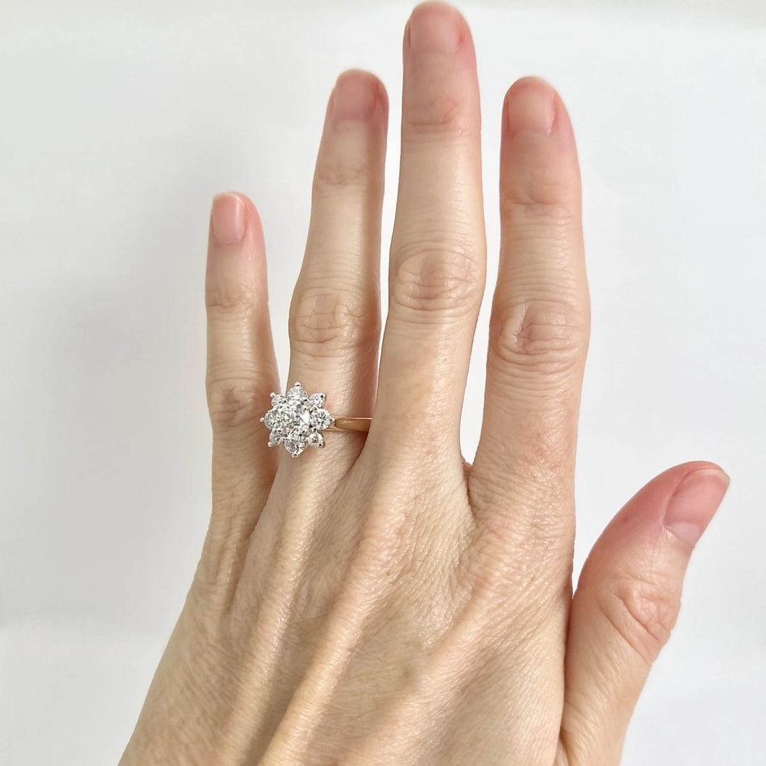Diamond Flower Snowflake Halo Two-Tone Statement Ring 14K Yellow Gold, Size 7 - 2