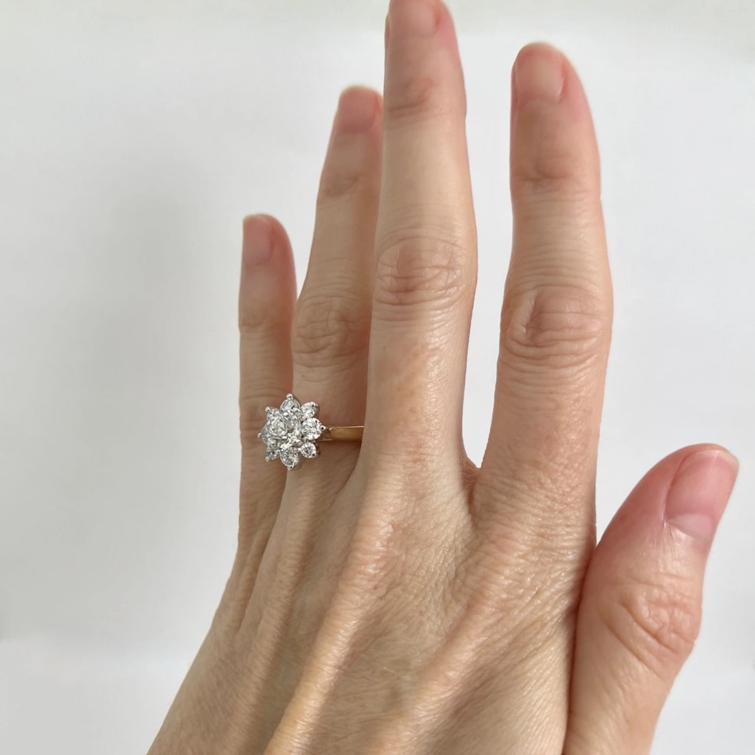 Diamond Flower Snowflake Halo Two-Tone Statement Ring 14K Yellow Gold, Size 7 - 3