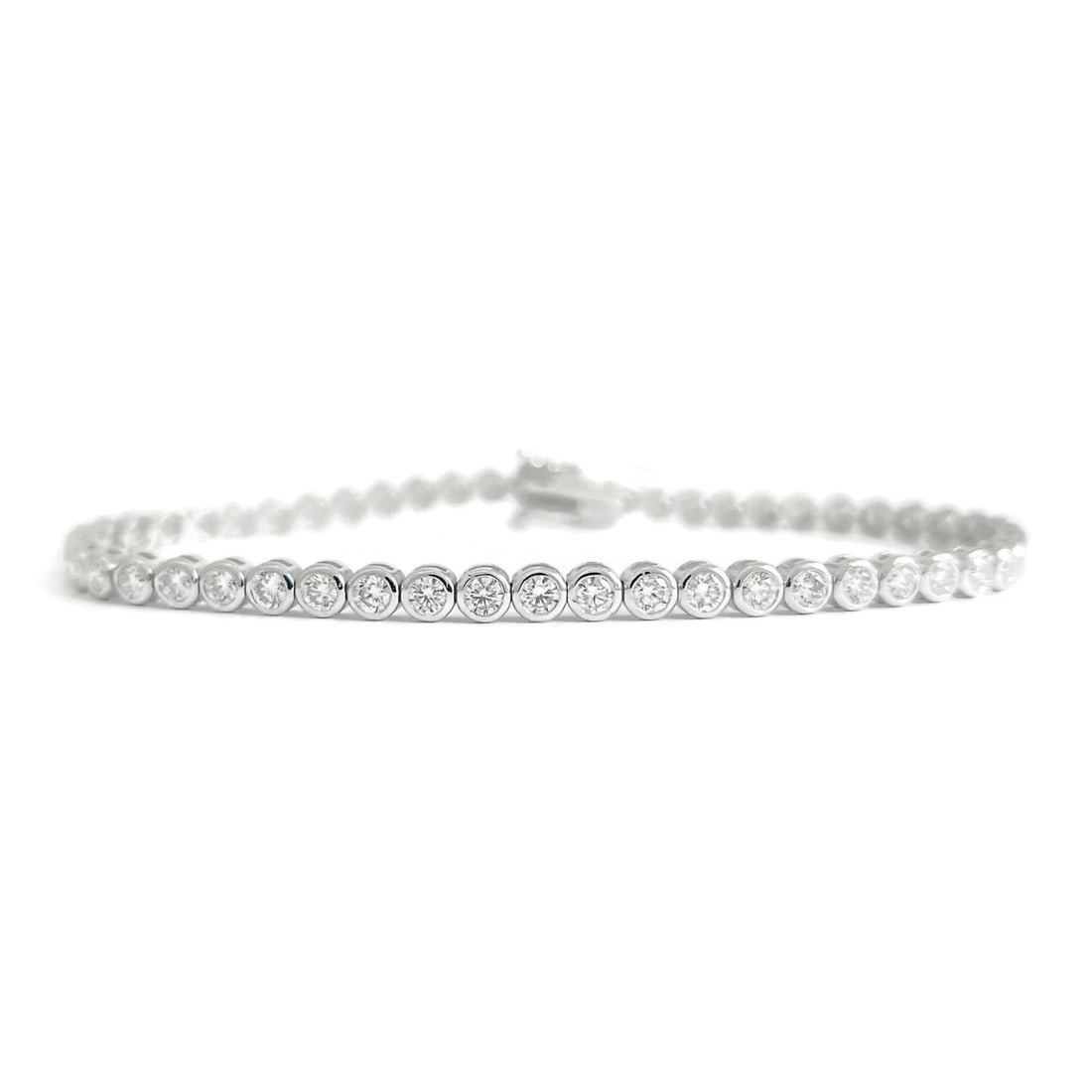 Round Bezel-Set Lab-Created Diamond Tennis Bracelet 14K White Gold, 3.05 CTW: Round Bezel-Set Lab-Created Diamond Tennis Bracelet 14K White Gold, 3.05 CTW This is a gorgeous and classic tennis bracelet! Please let us know if you have any questions :) Diamonds: 53 lab-created ro