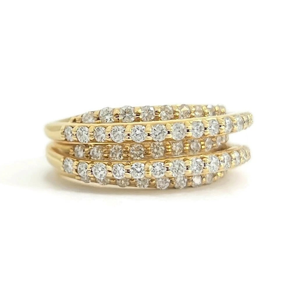 Wide 5-Row Diamond Hi-Low Crossover Ring 14K Yellow Gold, 1.41 CTW: Wide 5-Row Diamond Hi-Low Crossover Ring 14K Yellow Gold, 1.41 CTW This is a beautiful and stunning statement ring! Don't hesitate to ask any questions! Diamonds: 71 round brilliant cuts 1.41 ctw, F-G