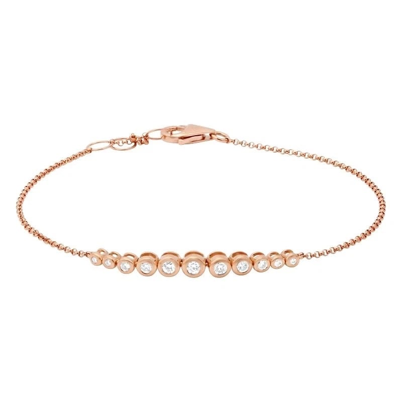 Round Graduated Diamond Bezel Pendant Chain Bracelet 14K Pink Rose Gold, .32 CTW: Round Graduated Diamond Bezel Pendant Chain Bracelet 14K Pink Rose Gold, .32 CTW This is such a lovely bracelet! Please let us know if you have any questions. Diamonds: 11 round brilliant cuts, .32 ct