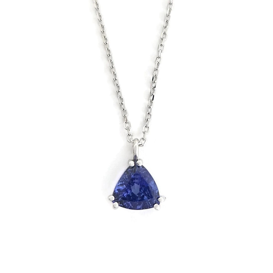 Trillion Blue Tanzanite Gemstone Pendant Necklace 14K White Gold, 1.43 CT: Trillion Blue Tanzanite Gemstone Pendant Necklace 14K White Gold, 1.43 CT This is a beautiful and unique necklace. Please let us know if you have any questions :) Gemstones: 1 trillion blue tanzanite 