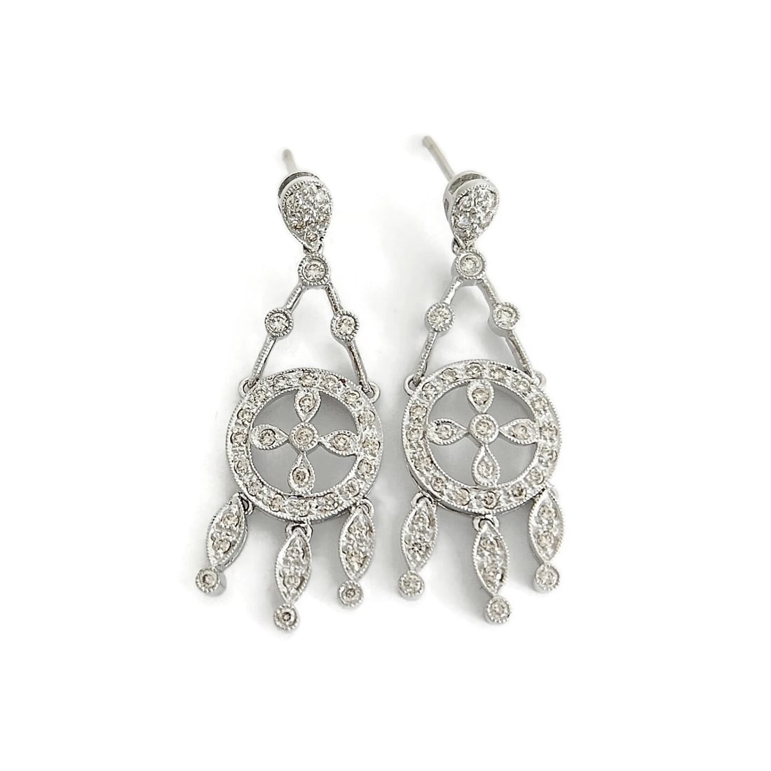 Diamond Dream Catcher Circle Fringe Dangle Drop Earrings 18K White Gold, .82 CTW: Diamond Dream Catcher Circle Fringe Dangle Drop Earrings 18K White Gold, .82 CTW These are lovely earrings! Please let us know if you have any questions. Diamonds: 80 round brilliant cuts .82 ctw, I-J