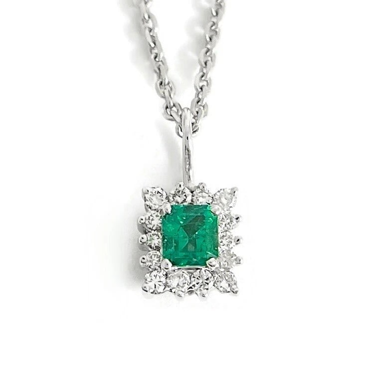 Green Emerald Diamond Halo Gemstone Pendant Necklace 14K White Gold .75 CTW (1 of 6)