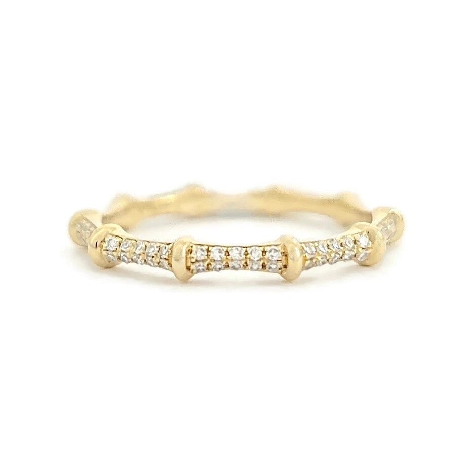 Pave Diamond Bamboo Band Ring 14K Yellow Gold, .21 CTW: Pave Diamond Bamboo Band Ring 14K Yellow Gold, .21 CTW This is a beautiful diamond ring! Don't hesitate to ask any questions! Diamonds: 50 rounds .21 ctw, G, SI1 Metal: 14K yellow gold Weight: 1.58 gr