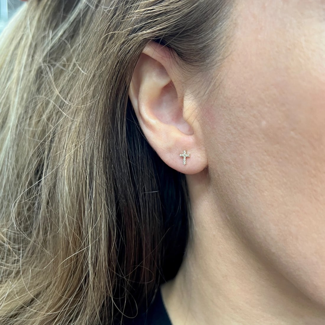 Small Diamond Cross Stud Earrings 14K Yellow Gold .08 CTW - 4