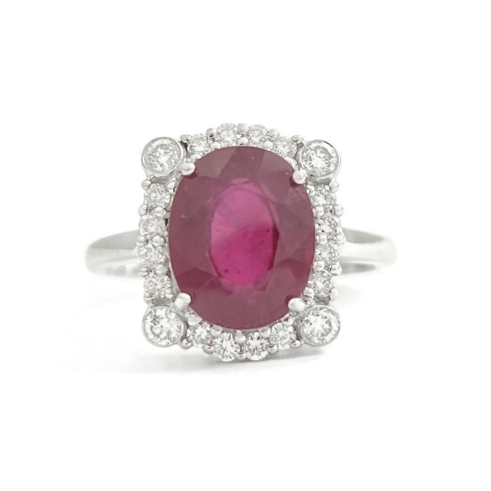 Oval Ruby Diamond Halo Gemstone Cocktail Ring 18K White Gold, 5.34 CTW (1 of 8)