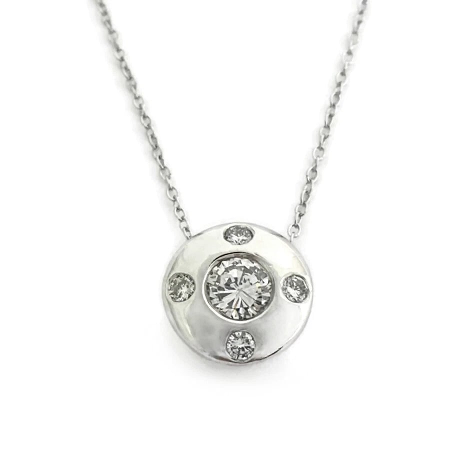 Diamond Burnished Bezel Halo Pendant Necklace 14K White Gold .60 CTW, 16 Inches: Diamond Burnished Bezel Halo Pendant Necklace 14K White Gold .60 CTW, 16 Inches Make a statement with this gorgeous diamond necklace. Please let us know if you have any questions. Diamonds: 5 round br