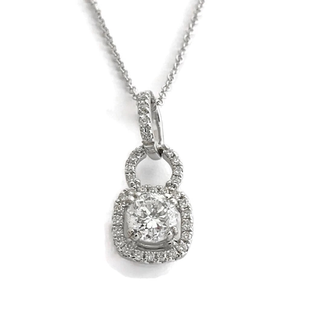 Round Cushion Halo Diamond Pendant Necklace 14K White Gold, .94 CTW, 2.73 Grams: Round Cushion Halo Diamond Pendant Necklace 14K White Gold, .94 CTW, 2.73 Grams Make a statement with this beautiful necklace. Please let us know if you have any questions. Diamonds: .94 ctw; 1 round 