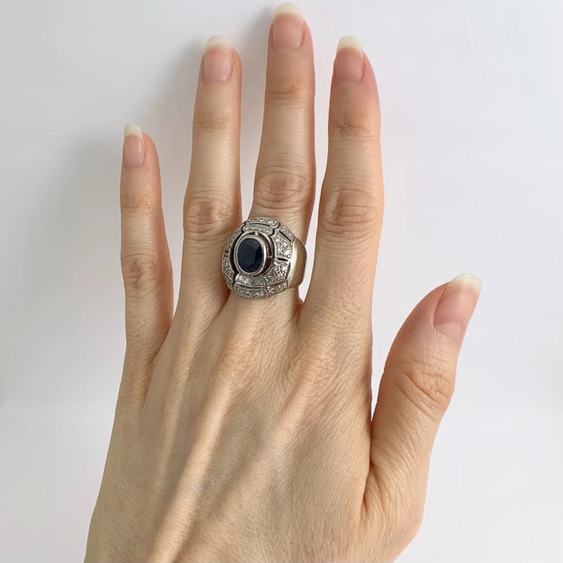 Vintage 1960s Oval Sapphire Diamond Large Statement Ring 14K White Gold 12.20 Gr - 3