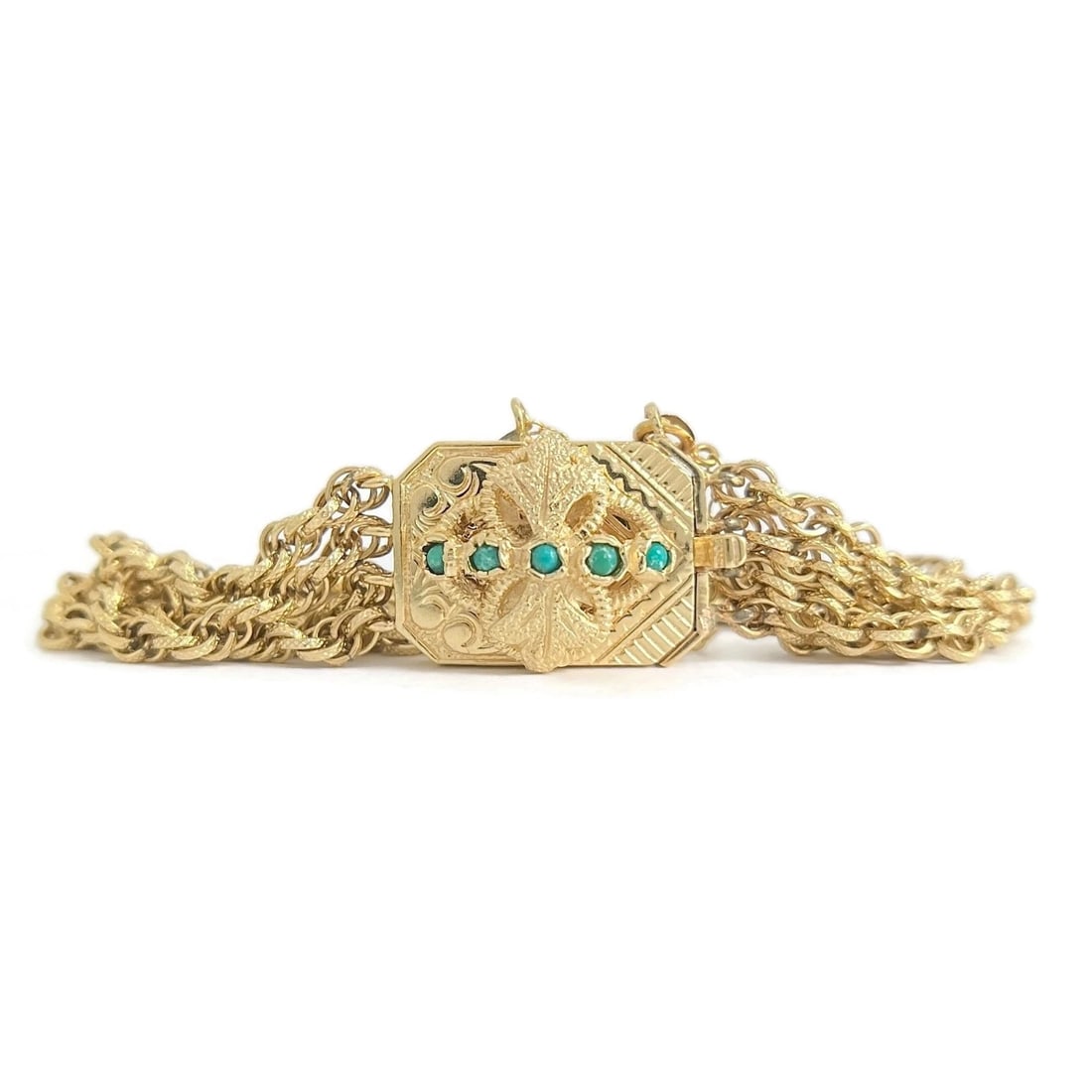 Vintage 1940's Turquoise Multi-Strand Chain Bracelet 14K Yellow Gold, 23.96 Gram: Vintage 1940's Turquoise Multi-Strand Chain Bracelet 14K Yellow Gold, 23.96 Gram This bracelet is gorgeous and one-of-a-kind! Please let us know if you have any questions. Circa: 1940's Gemstone: 5 ro