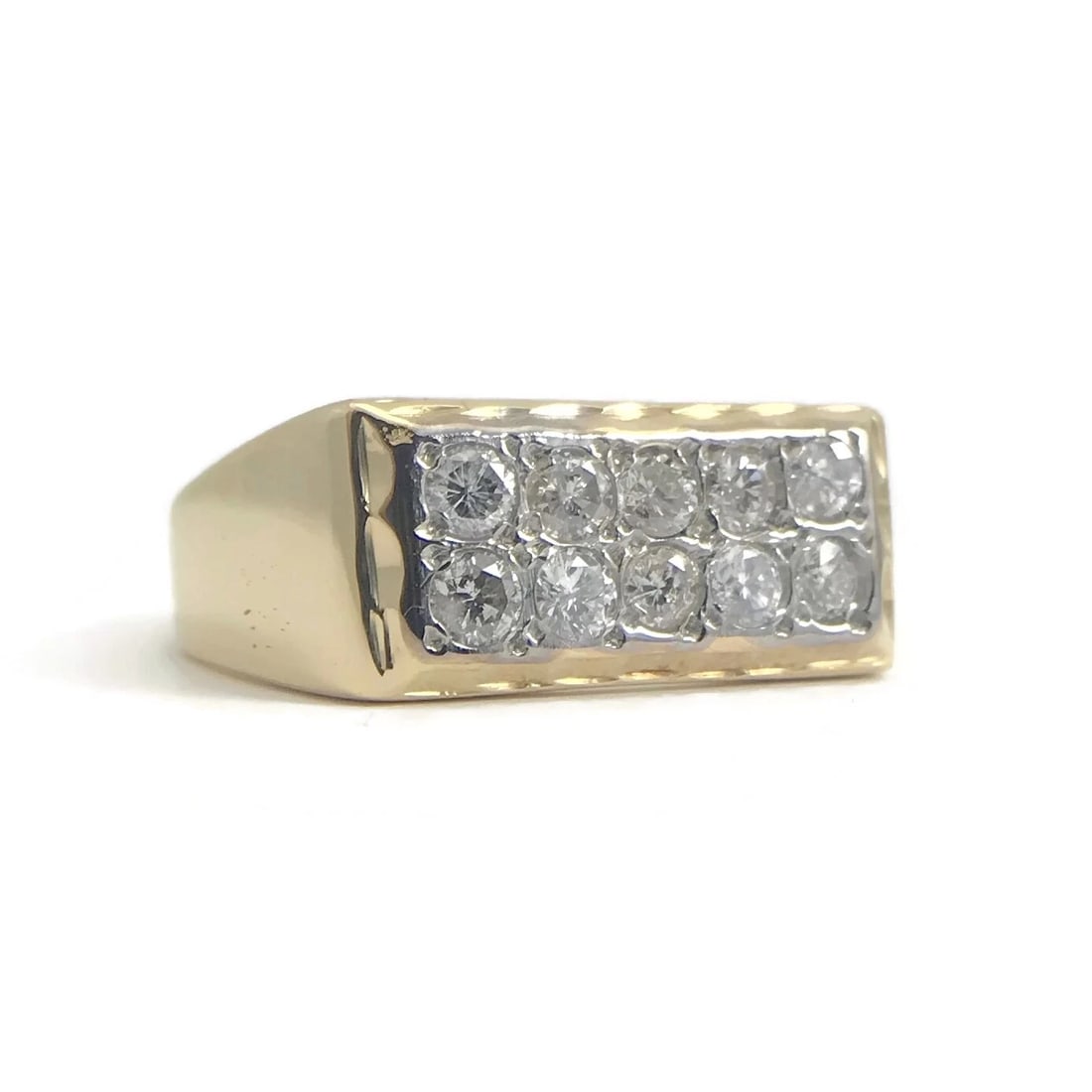 Vintage Men's Two-Row Pave Diamond Flat Top Ring 14K Yellow Gold, 10.6 Grams: Vintage Men's Two-Row Pave Diamond Flat Top Ring 14K Yellow Gold, 10.6 Grams This is a true statement ring. Please let us know if you have any questions. Diamonds: 10 round brilliant cuts, .50 ctw, G-