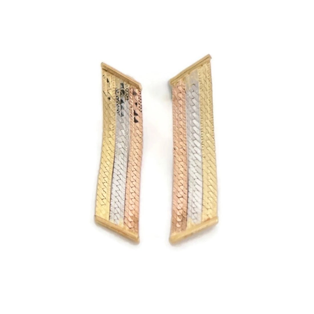 Vintage Tri-Color Ribbon Dangle Drop Earrings 14K Yellow Rose White Gold 1.27 Gr: Vintage Tri-Color Ribbon Dangle Drop Earrings 14K Yellow Rose White Gold 1.27 Gr These are beautiful vintage earrings! Please let us know if you have any questions. Metal: 14K yellow, rose, white