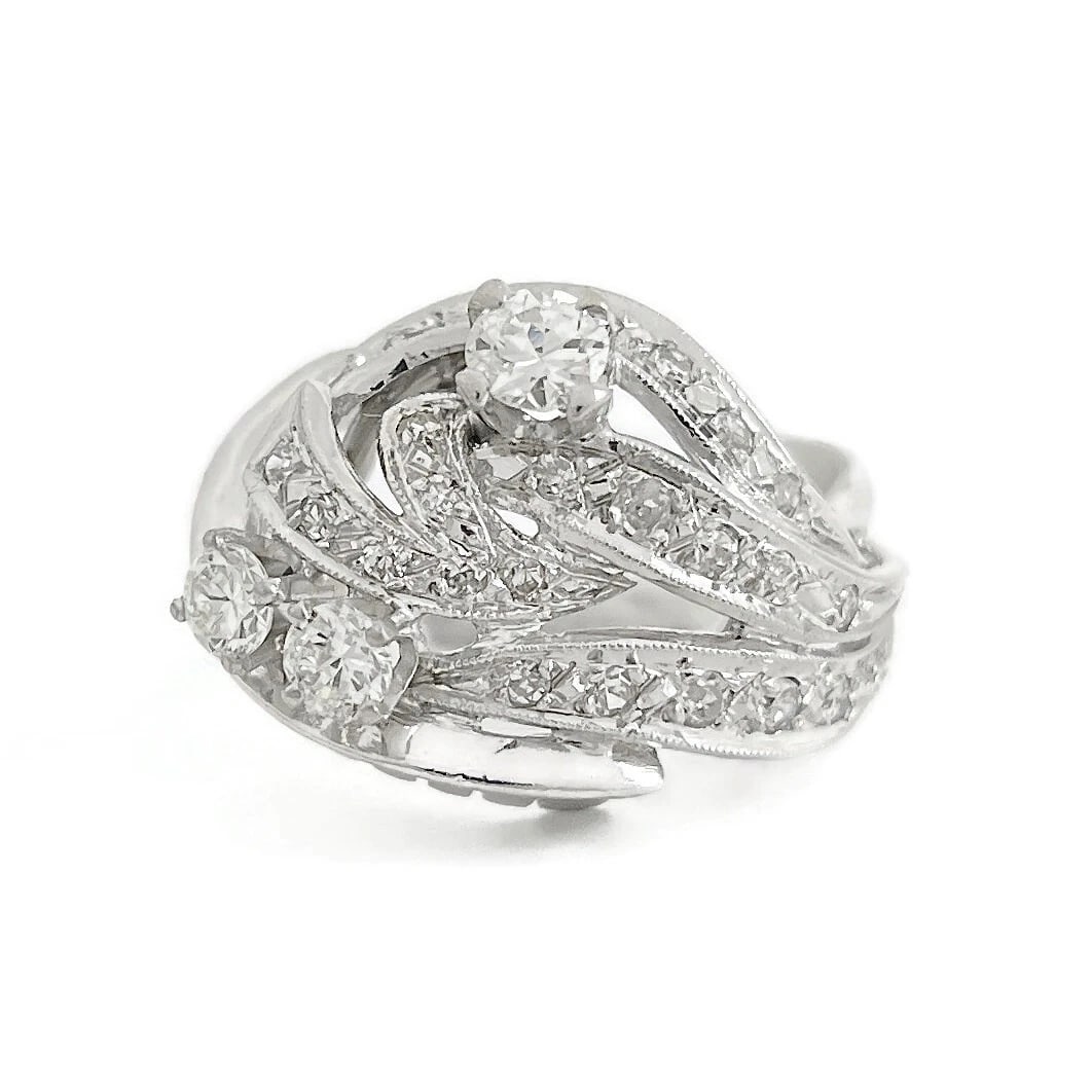 Vintage 1940's 1950's Asymmetrical Diamond Cocktail Ring 14K White Gold, 6.22 Gr: Vintage 1940's 1950's Asymmetrical Diamond Cocktail Ring 14K White Gold, 6.22 Gr Make a statement with this beautiful ring. Please let us know if you have any questions. Circa: 1940's - 1950's Diamond