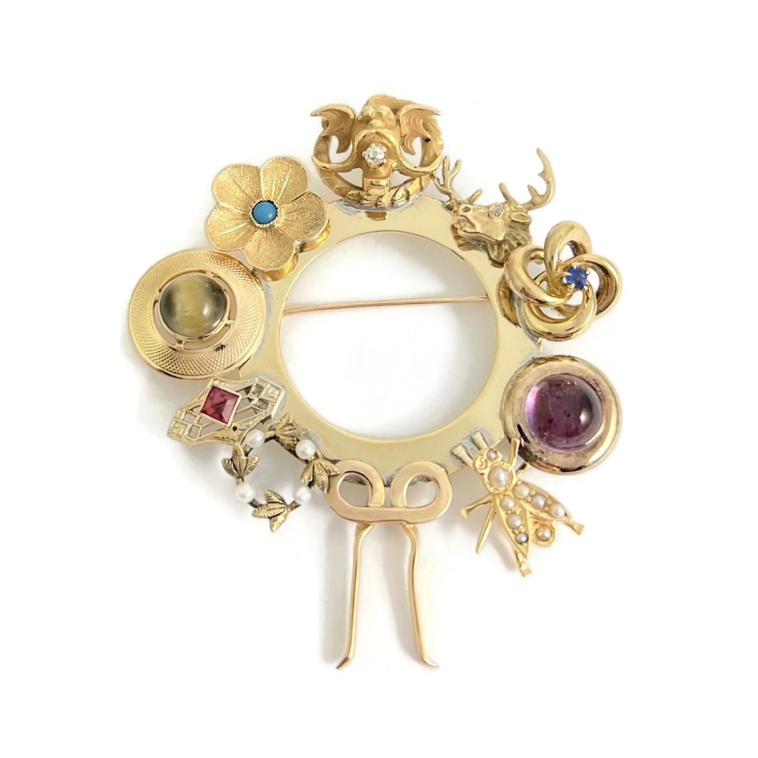 Vintage Hodgepodge Collection Gemstone Pearl Brooch 14K Yellow Gold, 13.66 Gr: Vintage Hodgepodge Collection Gemstone Pearl Brooch 14K Yellow Gold, 13.66 Grams This is a gorgeous one-of-a-kind brooch made from earrings, pins and pieces of other jewelry. Please let us know if you