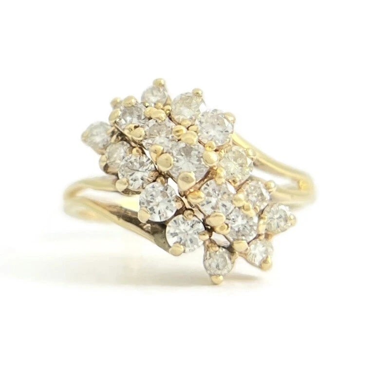 Vintage Diamond Cluster Cocktail Statement Ring 14K Yellow Gold, 4.55 Grams: Vintage Diamond Cluster Cocktail Statement Ring 14K Yellow Gold, 4.55 Grams This ring is a beautiful and unique ring! Please let us know if you have any questions. Diamonds: 19 round brilliant cuts, .