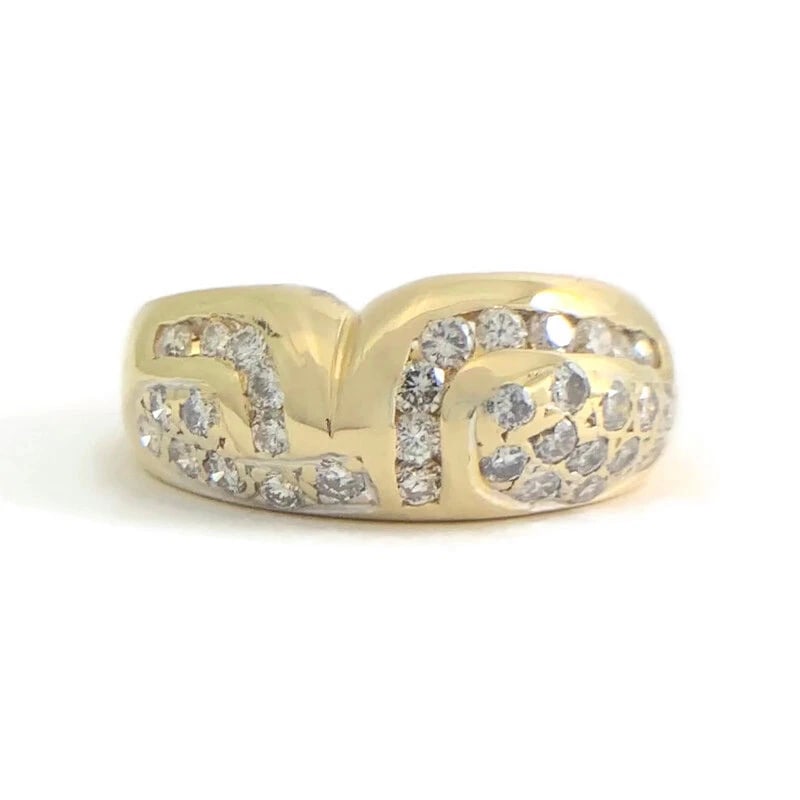 Vintage Diamond Geometric Band Statement Ring 14K Yellow Gold, .58 CTW, 6.60 Gr: Vintage Diamond Geometric Band Statement Ring 14K Yellow Gold, .58 CTW, 6.60 Gr This is a beautiful and unique ring! Please let us know if you have any questions. Diamonds: 33 round brilliant cuts, .5