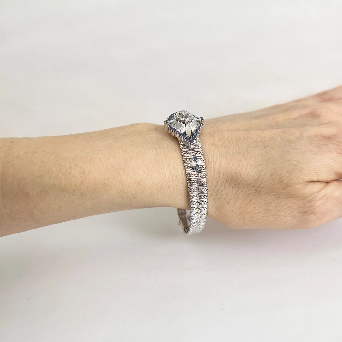 Vintage Blue Sapphire Diamond Geometric Cluster Bracelet 18K White Gold, 32.3 Gr - 5