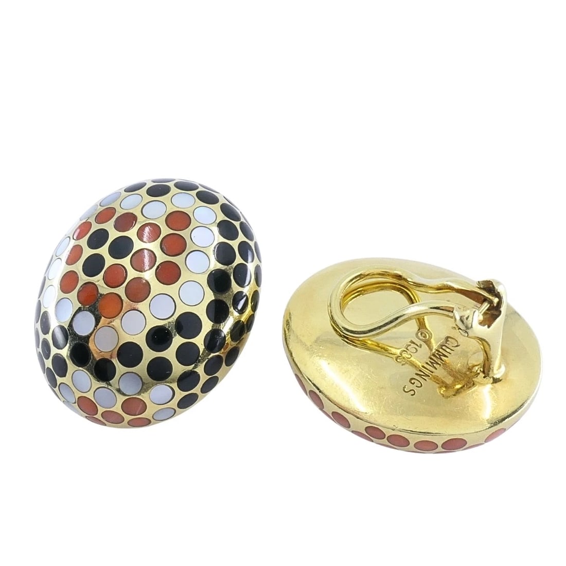 Angela Cummings 18k Gold Mother-of-Pearl Onyx Coral Inlay Dot Dome Earrings - 11