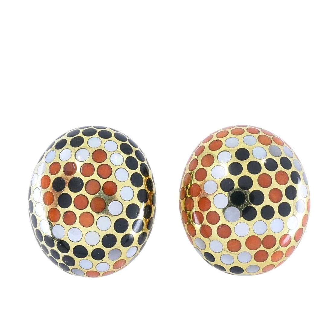 Angela Cummings 18k Gold Mother-of-Pearl Onyx Coral Inlay Dot Dome Earrings: DESIGNER: Angela Cummings CIRCA: 1986 MATERIALS: 18k Gold GEMSTONE: Mother-of-Pearl, Onyx & Coral Inlay WEIGHT: 22.9 Grams MEASUREMENTS: 7/8" x 1 1/16" HALLMARKS: Angela Cummings, 18K, 1986ITEM