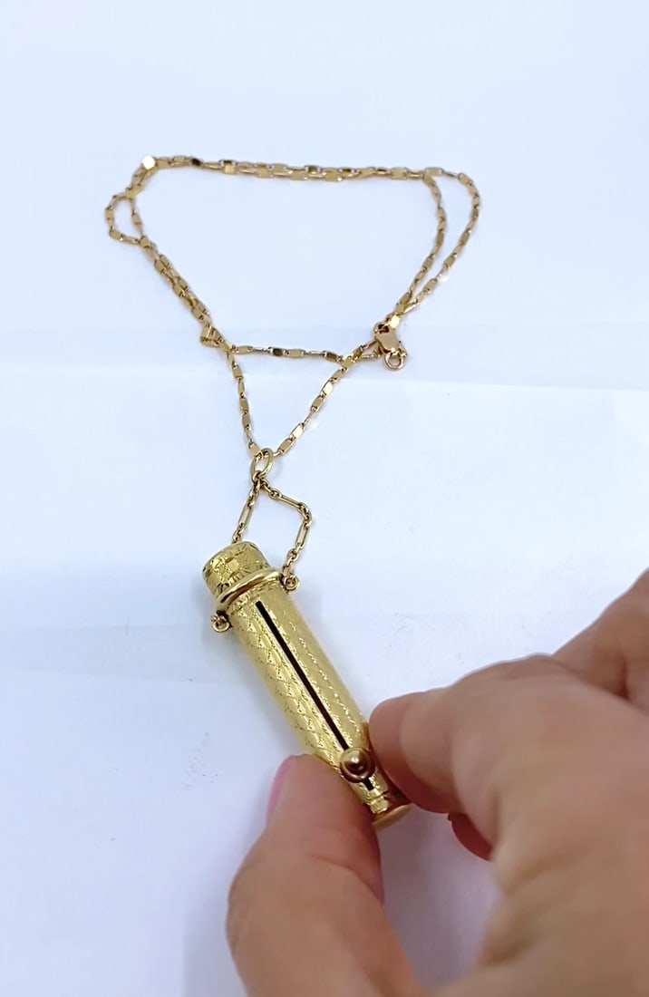 Vintage 14k Gold Lipstick Case Pendant Necklace on 14k Gold Chain - 2
