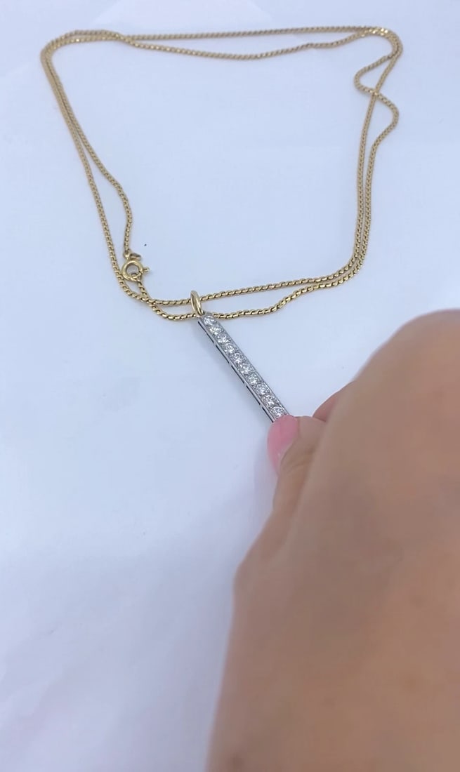 Platinum Diamond Bar Pendant 18k Gold Chain Necklace - 2