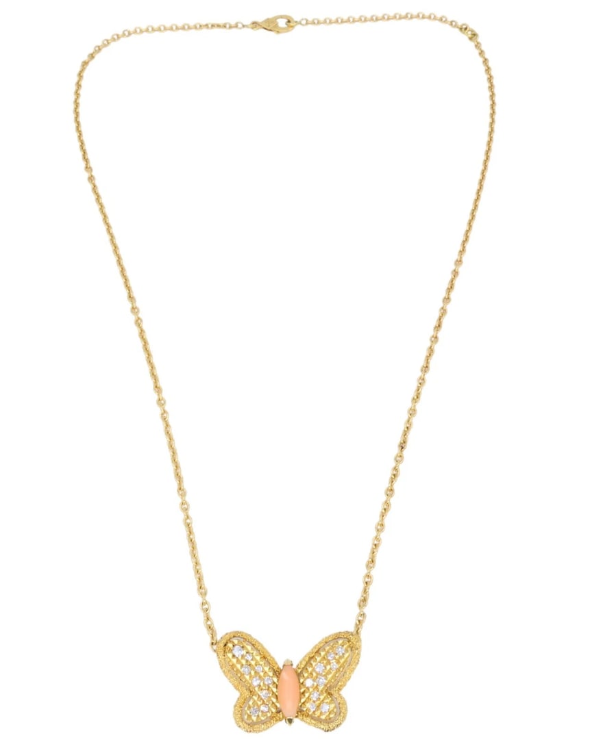 Van Cleef & Arpels Butterfly Necklace Diamond Coral 18k Gold: NS TGTO A charming Van Cleef and Arpels butterfly necklace, crafted in 18k gold and accented with diamonds and coral. This Van Cleef and Arpels necklace comes with its original receipt and pouch (see 