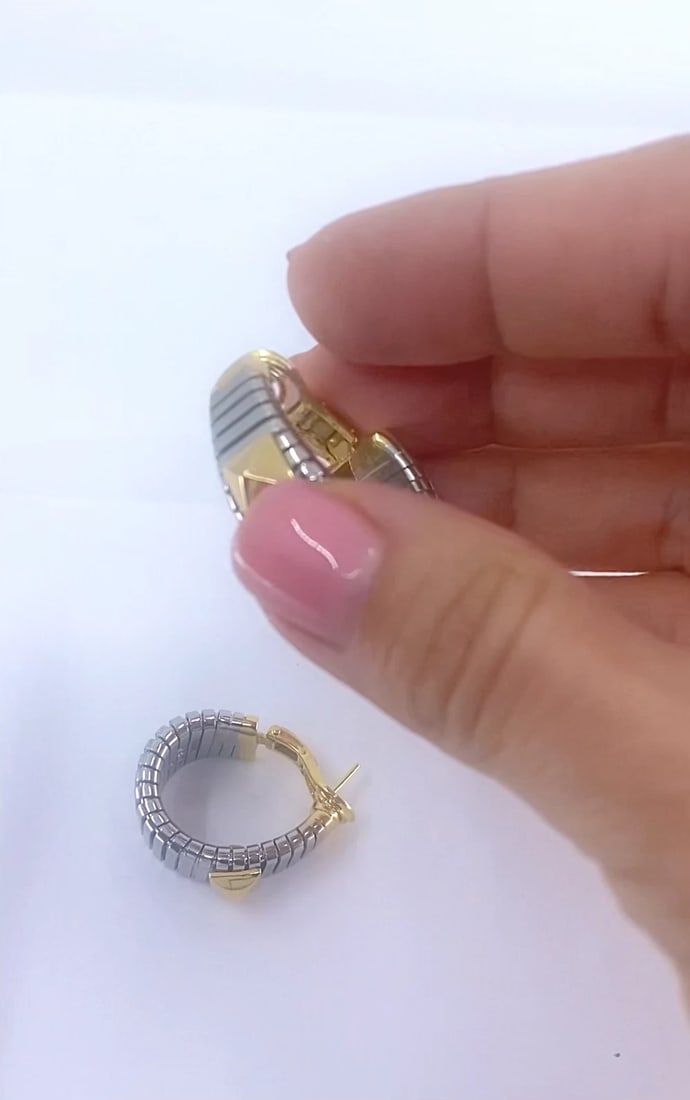 Bvlgari 18k Yellow Gold & Steel Tubogas Pyramid Hoop Earrings - 2