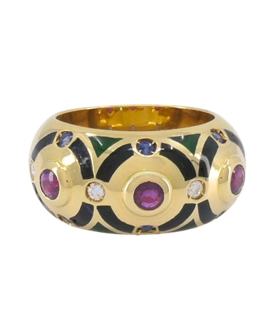 Cartier Vintage Dome Ring Gold Gemstones Size 5.75: NS IGRT A vintage Cartier dome band ring, crafted in 18k yellow gold and accented with rubies, sapphires, and diamonds. Designed with a wide, sculptural dome profile, the ring showcases a striking geo