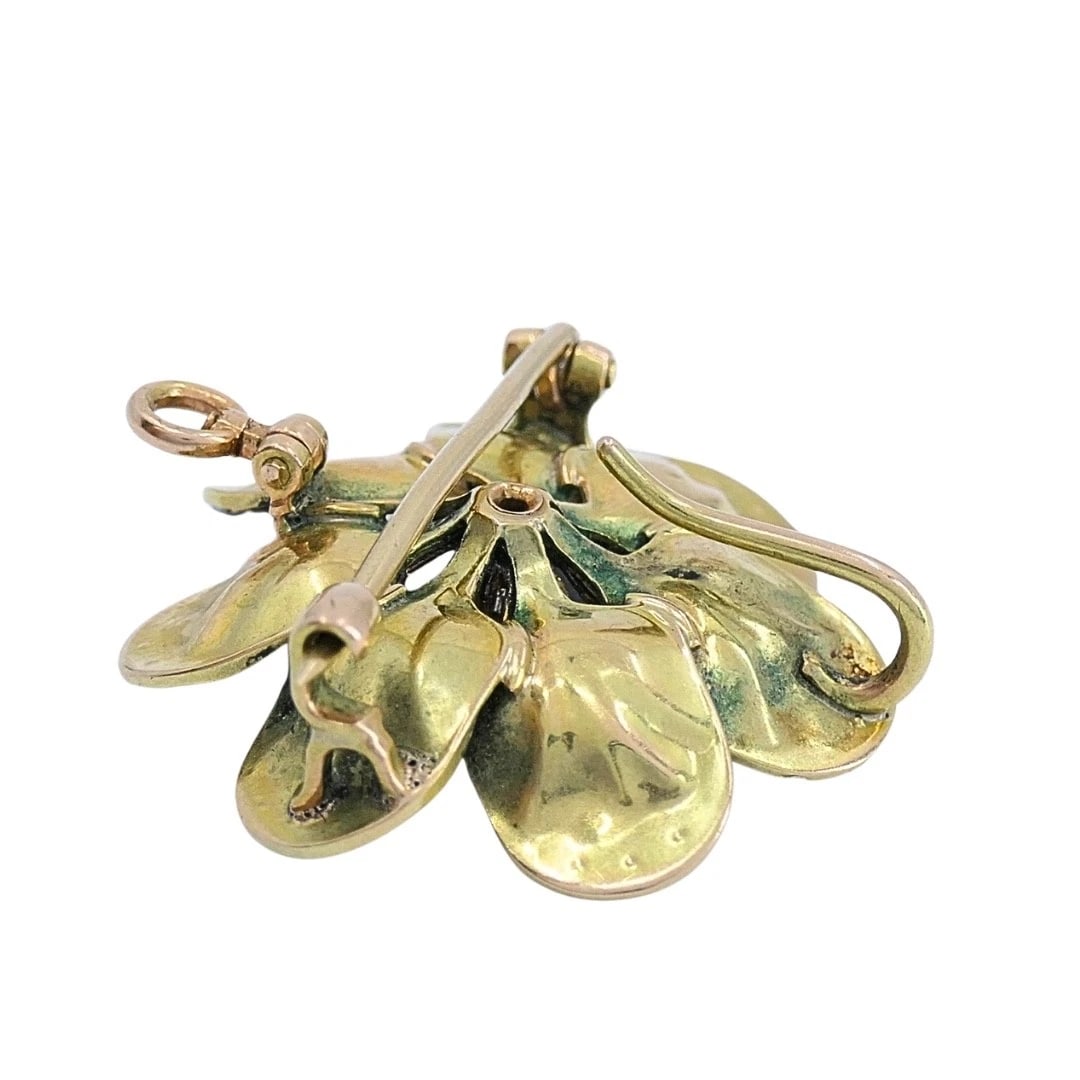 14k Gold Violet Flower Diamond Seed Pearl Pendant Brooch Necklace - 10