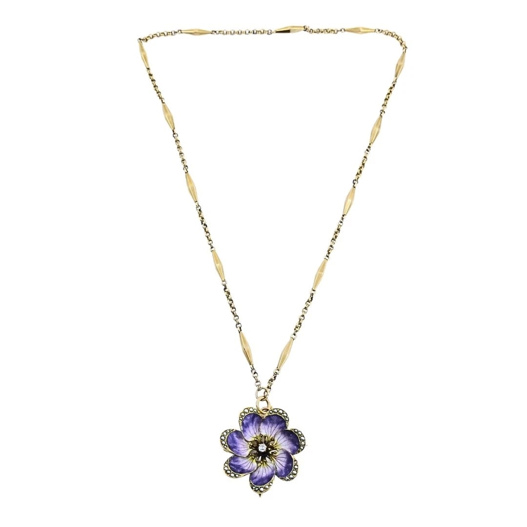 14k Gold Violet Flower Diamond Seed Pearl Pendant Brooch Necklace - 11