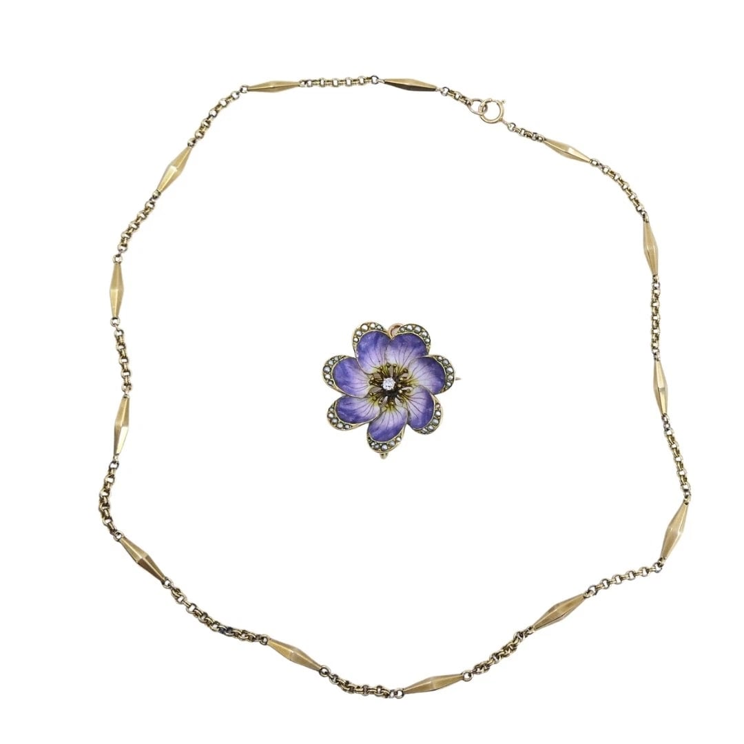 14k Gold Violet Flower Diamond Seed Pearl Pendant Brooch Necklace - 13