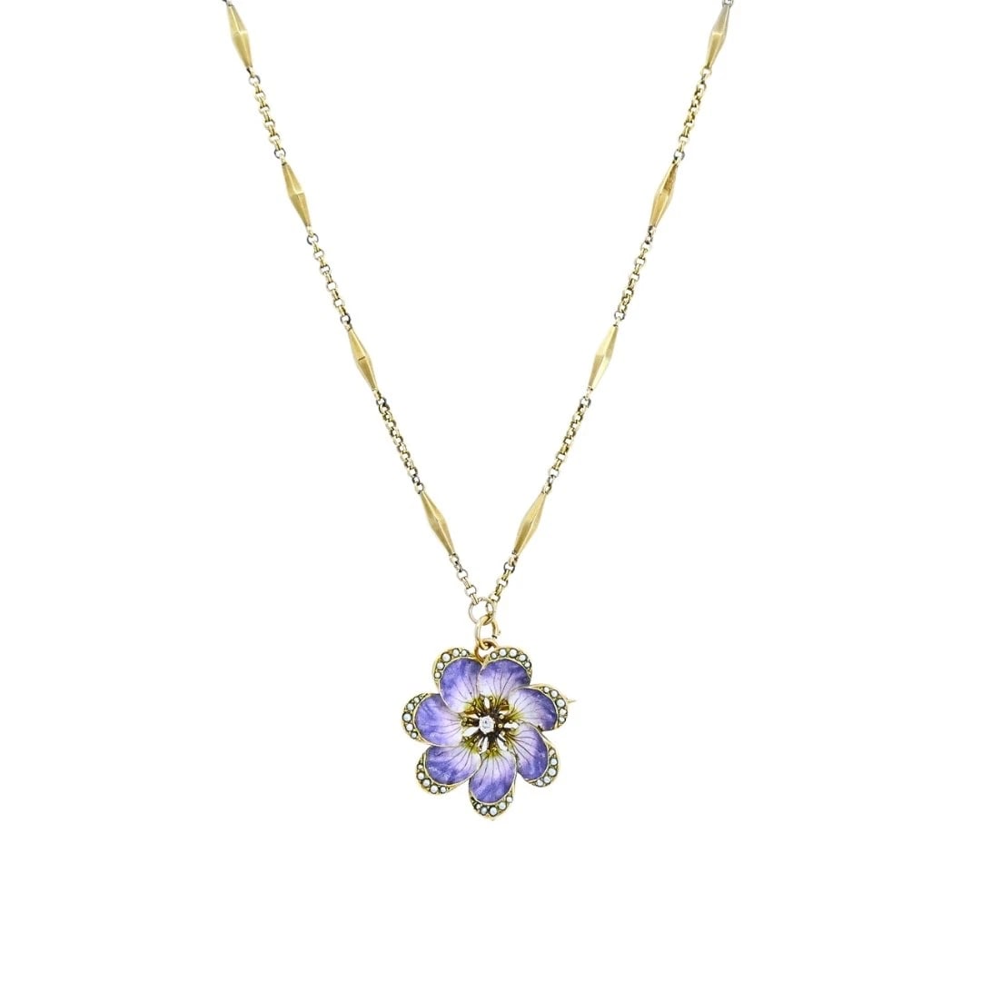 14k Gold Violet Flower Diamond Seed Pearl Pendant Brooch Necklace: MATERIALS: 14k Gold GEMSTONE: Diamond WEIGHT: Pendant - 6.1 Grams; Chain - 6.8 Grams MEASUREMENTS: Pendant - 1" Chain - 16" HALLMARKS: 585ITEM DETAILS:14k Gold Violet Flower Diamond Seed Pearl