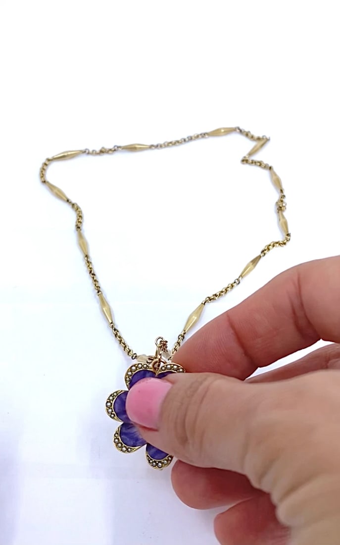 14k Gold Violet Flower Diamond Seed Pearl Pendant Brooch Necklace - 2