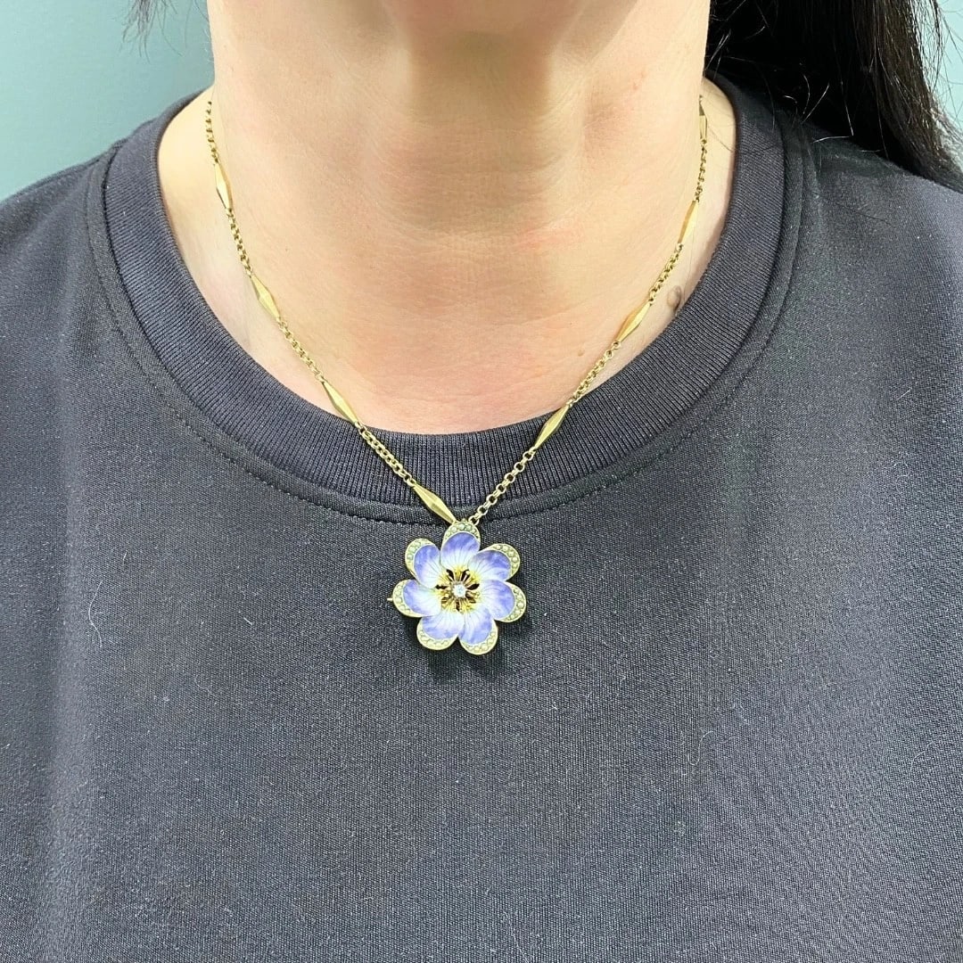 14k Gold Violet Flower Diamond Seed Pearl Pendant Brooch Necklace - 3
