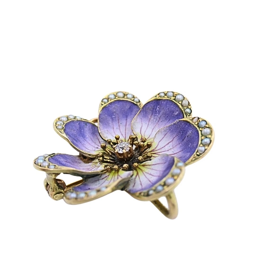 14k Gold Violet Flower Diamond Seed Pearl Pendant Brooch Necklace - 7