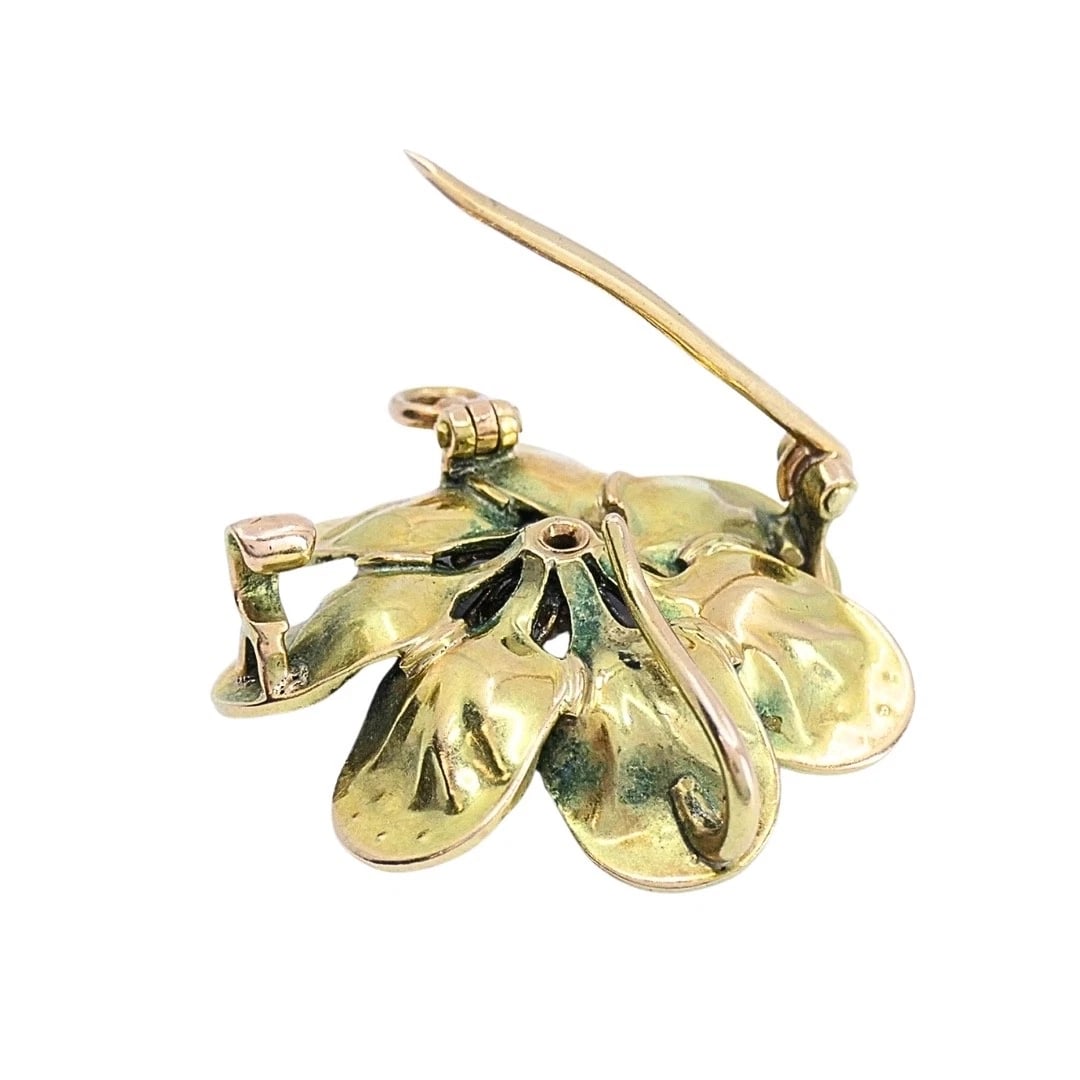 14k Gold Violet Flower Diamond Seed Pearl Pendant Brooch Necklace - 9