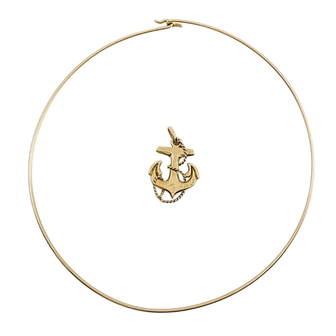 14k Gold Anchor Pendant Wire Choker Necklace - 9