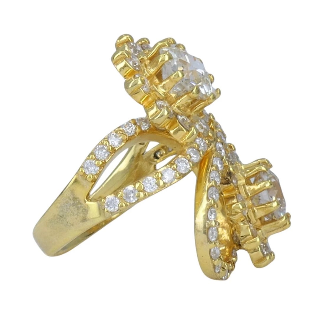 Vintage 18k Yellow Gold Diamond Floral Bypass Cocktail Ring - 10