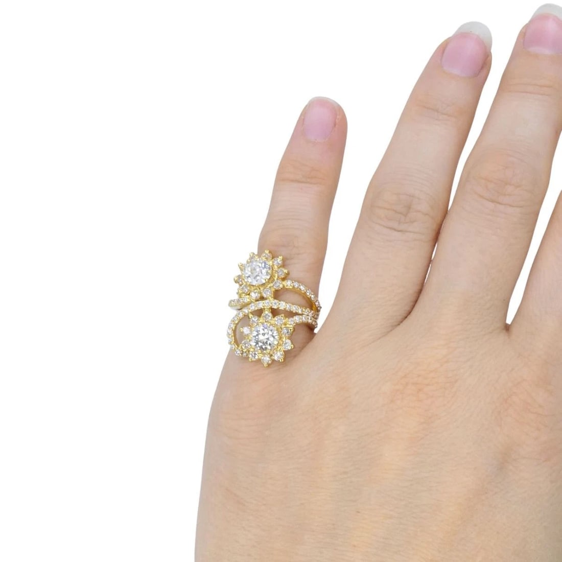 Vintage 18k Yellow Gold Diamond Floral Bypass Cocktail Ring - 3