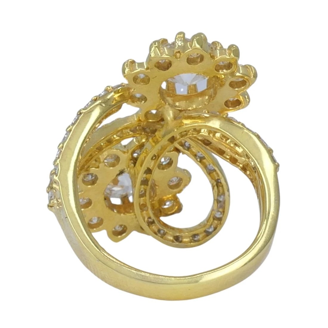 Vintage 18k Yellow Gold Diamond Floral Bypass Cocktail Ring - 8