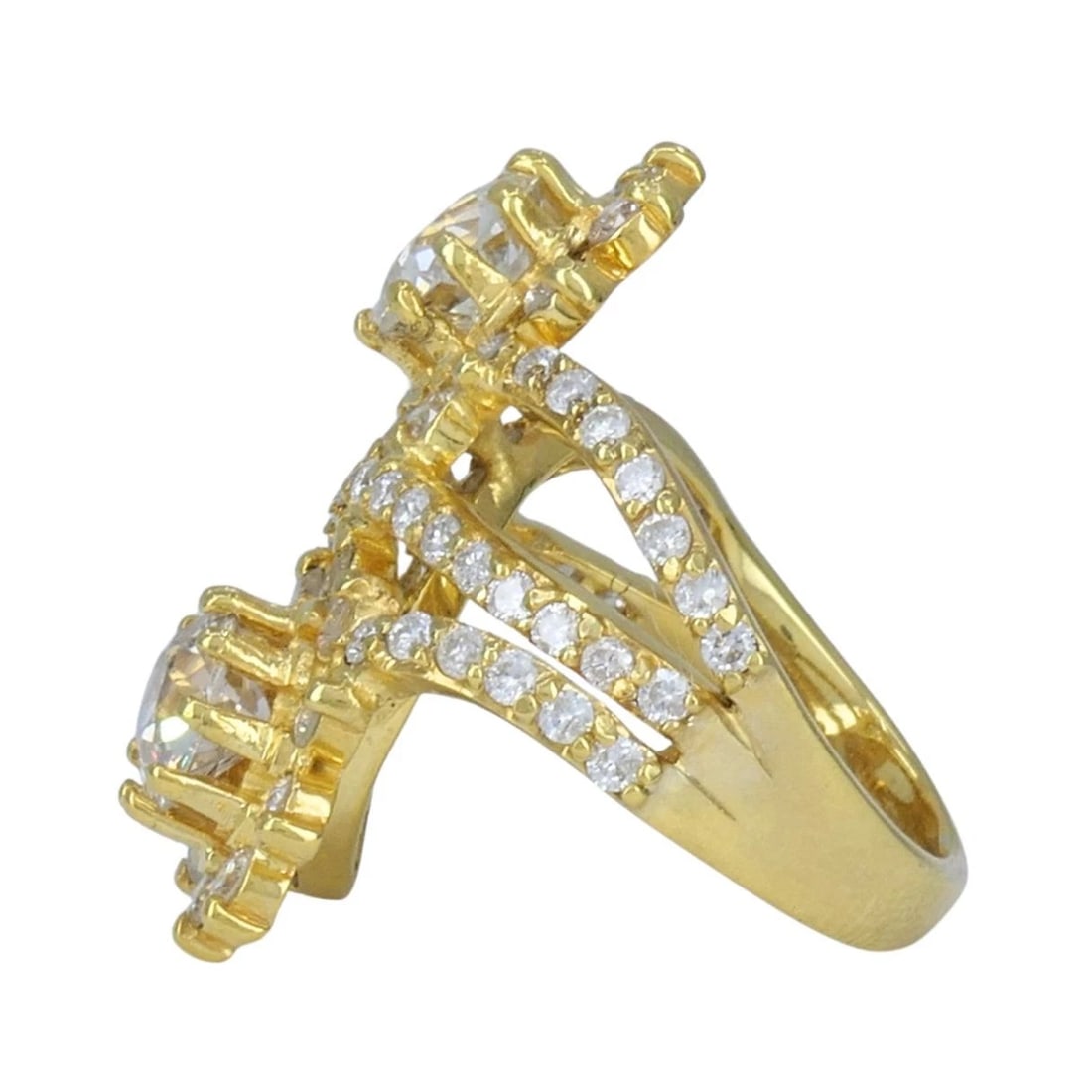 Vintage 18k Yellow Gold Diamond Floral Bypass Cocktail Ring - 9