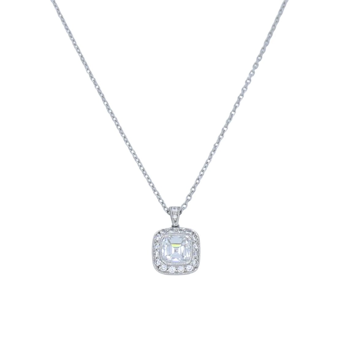 Tiffany & Co. Legacy Platinum Diamond Pendant Necklace: KL AAOO Tiffany & Co. platinum cushion modified brilliant cut diamond pendant necklace, crafted as an estate Tiffany & Co. chain and pendant set. The pendant features a cushion modified brilliant cut